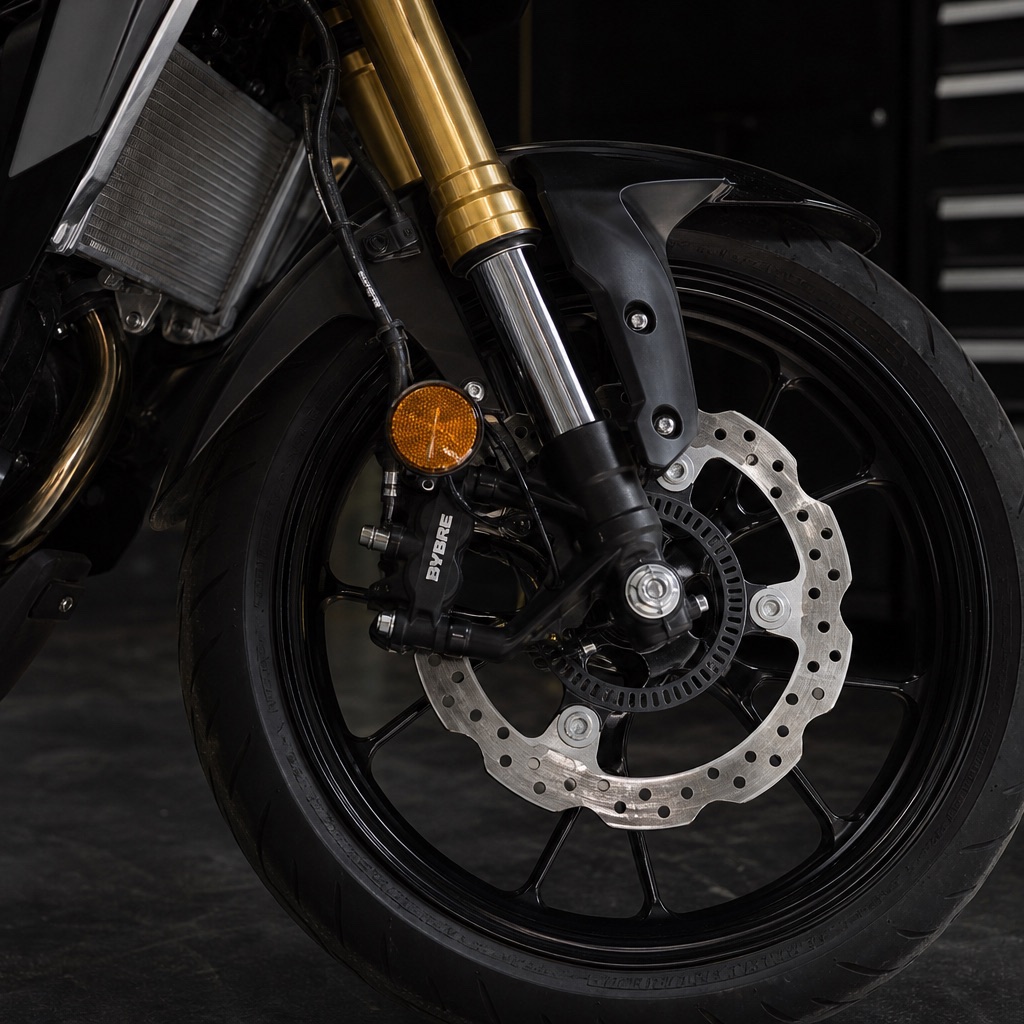 Detailaufnahme des Vorderrads einer 125er-Sportmaschine mit Upside-down-Gabel, Bremssattel und Bremsscheibe