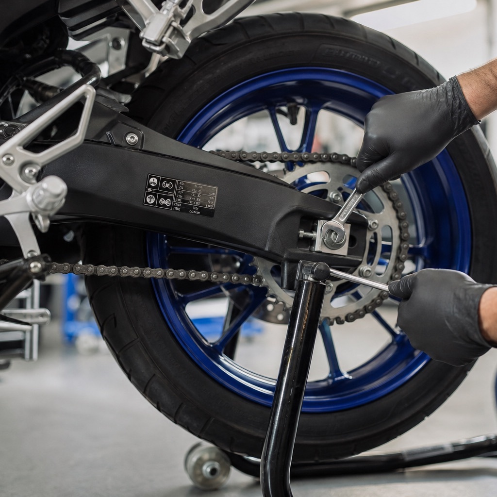 Mechanikerhände mit Werkzeug stellen die Kette einer 125er-Sportmaschine auf dem Hauptständer ein